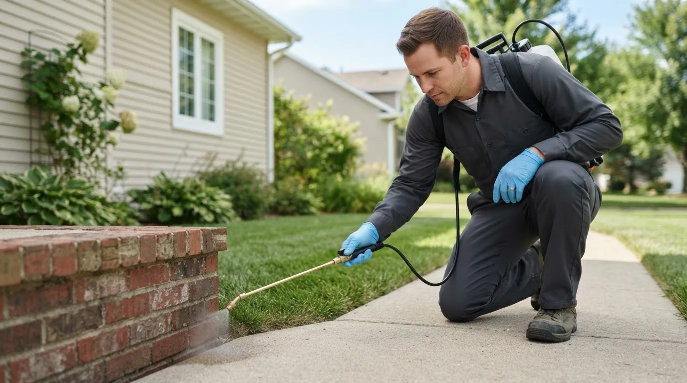 Pest control technician treating a home near North Falmouth, MA
